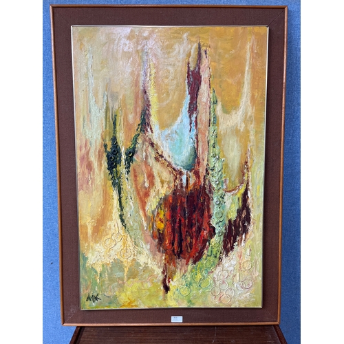 353 - British School, abstract, mixed media, monogrammed MK, framed