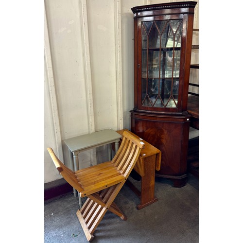 254 - A mahogany corner cupboard, a small oak drop leaf table, a grey painted side table and a hardwood st... 