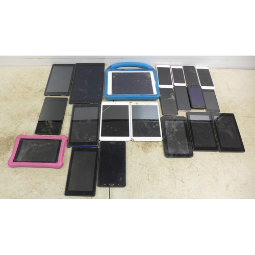 2089 - 2 bags of tablets and phones including 7 assorted Amazon Fire tablets, 3 Apple iPads, a CNM tablet, ... 