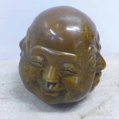 2099 - A brass Buddha head ornament - marked with Chinese symbols to base