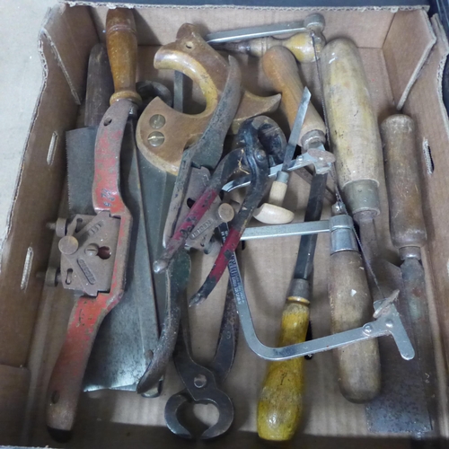 2056 - 5 boxes of assorted hand tools including chisels, vintage spoke shaves and DIY consumables