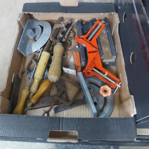2056 - 5 boxes of assorted hand tools including chisels, vintage spoke shaves and DIY consumables
