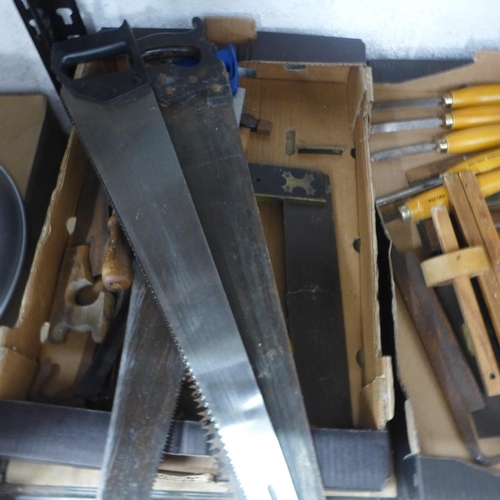 2057 - 3 boxes of woodworking tools including Record lathe tools, saws, hand drills etc.