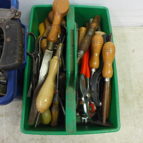2062 - 3 boxes of tools including saws, files, screwdrivers, drill bits, set squares, etc.