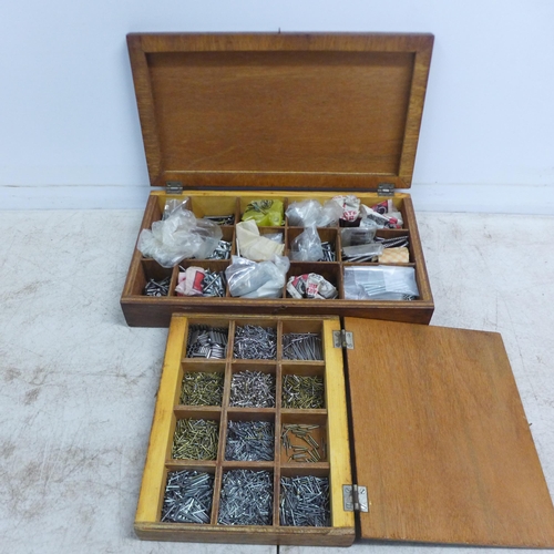 2072 - Two wooden cases of various screws, tacks and nails