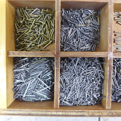 2072 - Two wooden cases of various screws, tacks and nails