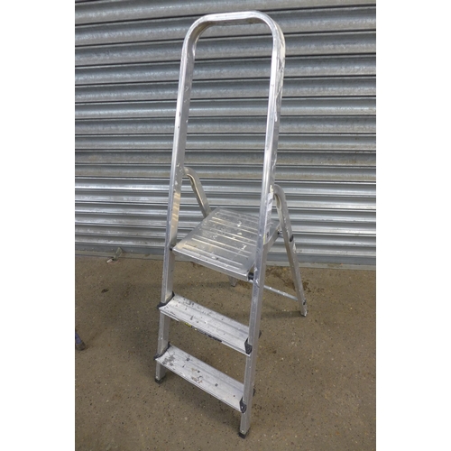 2178 - An aluminium Youngman 3 rung step  ladder and a metal and wood 5 rung step ladder