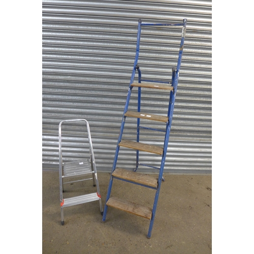 2179 - A metal framed and wooden step 5 rung step ladder and a 2 rung aluminium step ladder