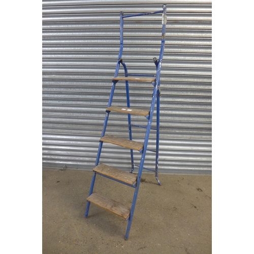 2179 - A metal framed and wooden step 5 rung step ladder and a 2 rung aluminium step ladder