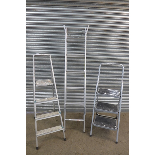 2180 - A 4 rung aluminium step ladder, a 6 step double rung aluminium step ladder and a set of 3 rung safet... 