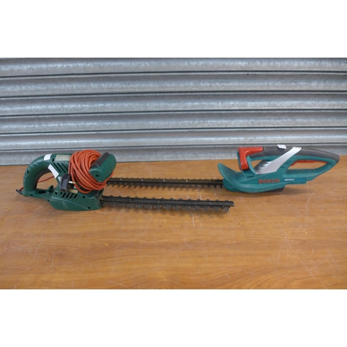 2196 - Two electric hedge cutters - B&Q hedge trimmer RTY450HTA and a Bosch AHS52Li cordless hedge trimmer ... 