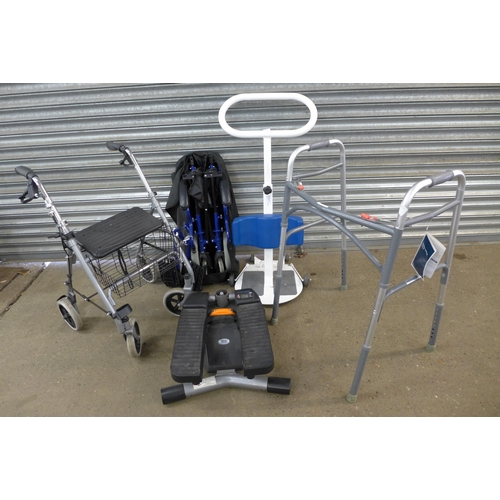 2238 - Collection of mobility aids - two walking frames, a folding wheelchair and a stepper exercise machin... 