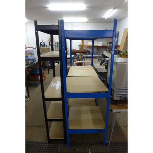 2244 - A black metal 180 x 90 x 30cm 5 tiered bolt-less racking system and a blue metal 180 x 160 x 60cm 3 ... 