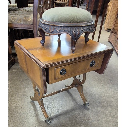 194 - A George III mahogany lady's fitted octagonal sewing table, a Victorian footstool and a Regency styl... 