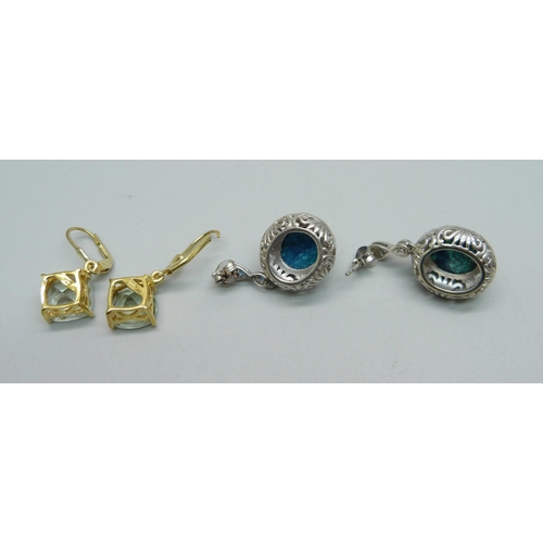 1006 - A pair of sterling silver earrings set with green amethyst and another pair set with neon apatite