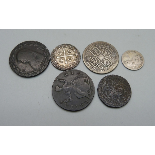 1021 - Six coins including a George I 1723 silver shilling and a Portuguese silver 80 reis coin, c1800