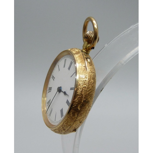 1046 - An 18ct gold lady's fob watch in original fitted case, 24.3g, 30mm case