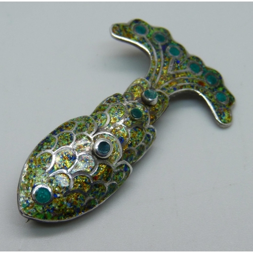 1047 - A sterling silver Mexican Taxco fish brooch with enamelled decoration and articulated body, circa 19... 