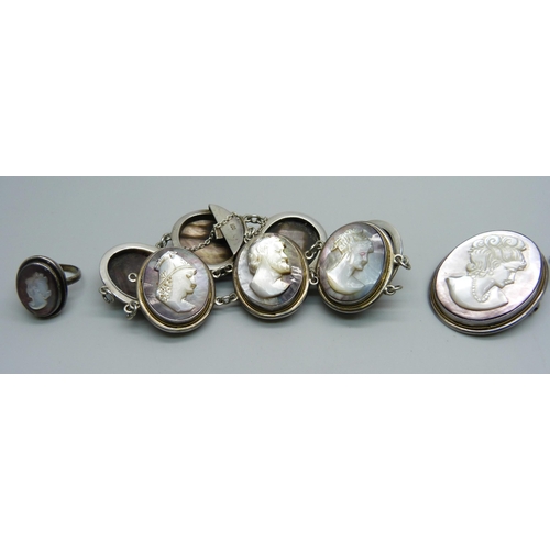 1054 - A silver cameo bracelet, ring, brooch and earrings