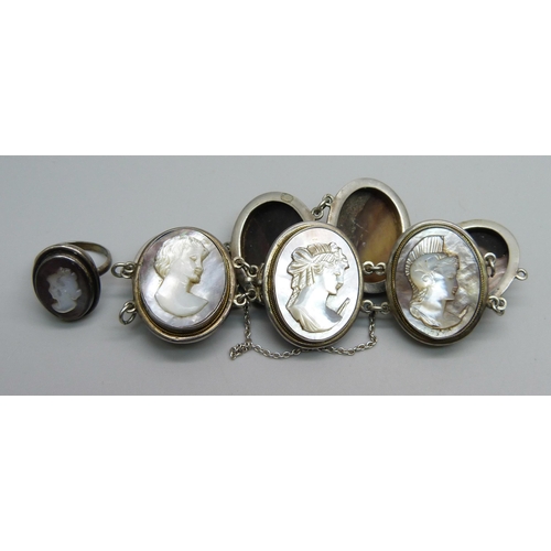 1054 - A silver cameo bracelet, ring, brooch and earrings