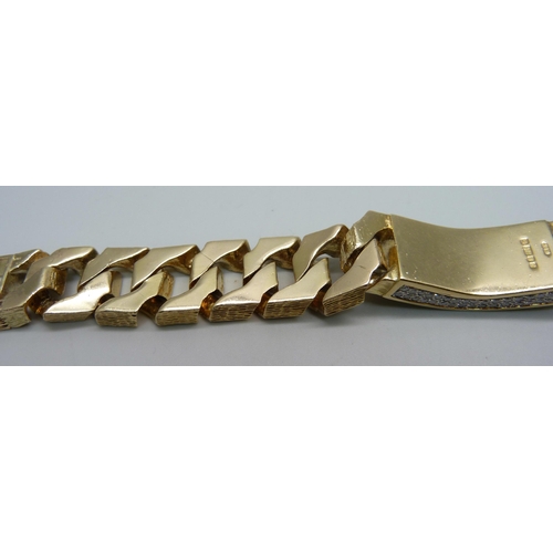 1058 - A heavy 9ct gold curb linked ID bracelet with bark effect texture, set with 3.4ct of diamonds, round... 