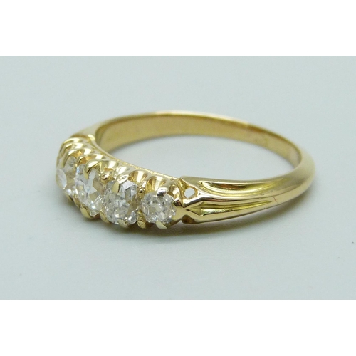 1069 - A yellow metal and five stone diamond ring, approximately 1ct total diamond weight, 3.7g, N