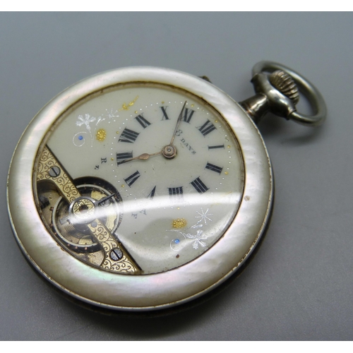 1070 - A mother of pearl Hebdomas style pin set 8-days pocket watch, 41mm case