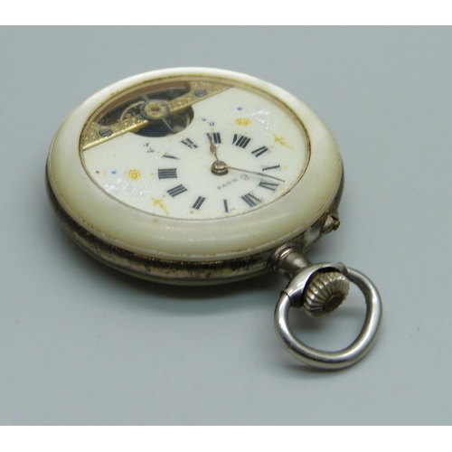 1070 - A mother of pearl Hebdomas style pin set 8-days pocket watch, 41mm case