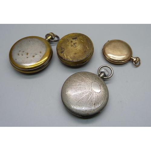 1071 - A gold plated Elgin fob watch, two pocket watches and a pocket sun dial lacking glass