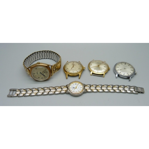 1072 - Five wristwatches; 1920's Rone, case back a/f, Ingersoll, Elco, Caravelle and Beverley Hills Polo Cl... 