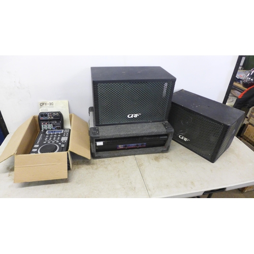 2123 - A pair of CRF speakers, C Audio GB602 power amplifier, an unbranded mixer and a Gemini CX730 profess... 