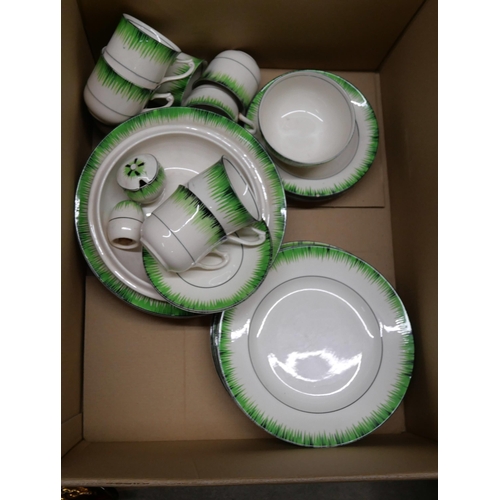 1166 - A set of three graduated copper lustre jugs, TG Green dinnerwares, glaases, etc. (4 boxes) **PLEASE ... 