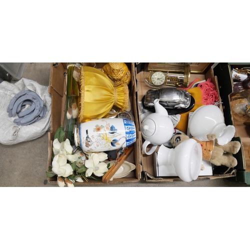 1184 - Five boxes of mixed china and glass, light fittings, glass light shades, Chinese vase, soft toys, ho... 