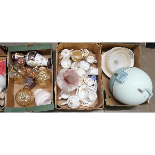 1184 - Five boxes of mixed china and glass, light fittings, glass light shades, Chinese vase, soft toys, ho... 