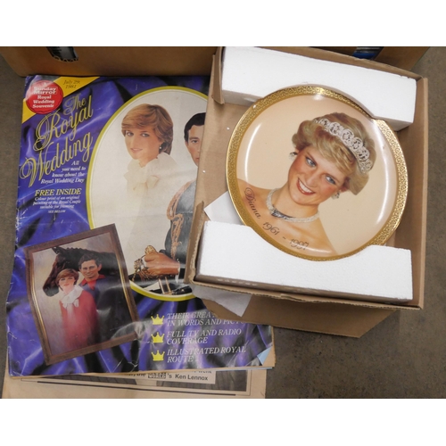 1190 - A box of Princess Diana memorabilia, china and books, a Wedgwood glass, drinking glasses, other Roya... 