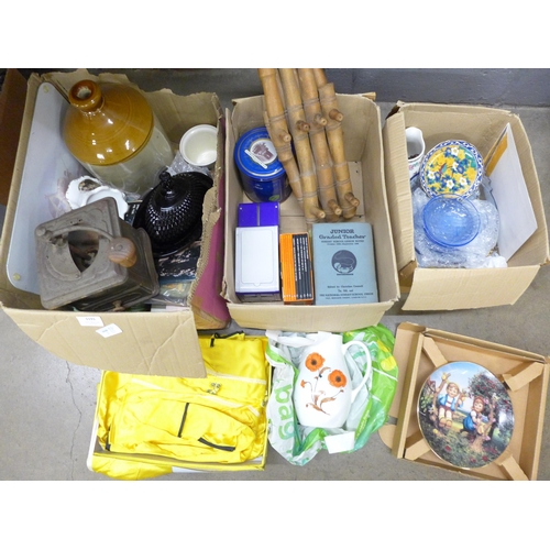 1191 - Three boxes of mixed household items, coffee grinder, stoneware bottle, glassware, etc. **PLEASE NOT... 