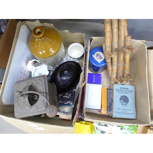 1191 - Three boxes of mixed household items, coffee grinder, stoneware bottle, glassware, etc. **PLEASE NOT... 