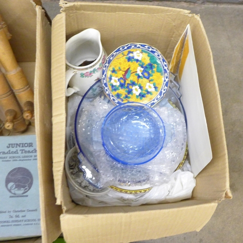 1191 - Three boxes of mixed household items, coffee grinder, stoneware bottle, glassware, etc. **PLEASE NOT... 