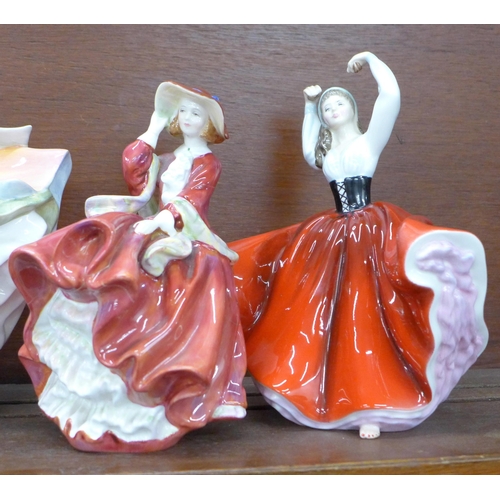 609 - Five figures - three Royal Doulton, Top o' the Hill and Ann a/f, Royal Worcester and Coalport