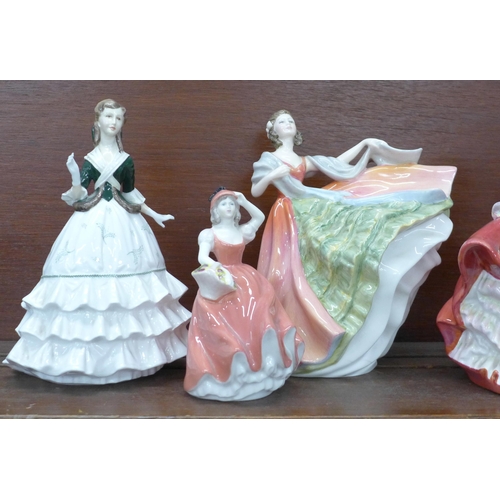 609 - Five figures - three Royal Doulton, Top o' the Hill and Ann a/f, Royal Worcester and Coalport