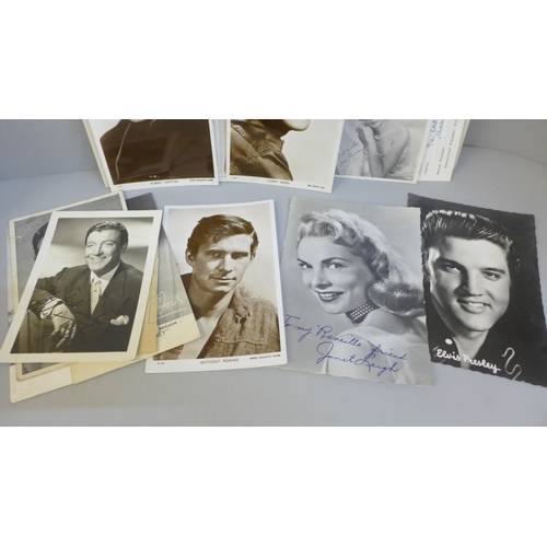 617 - A tin containing celebrity photographs and postcards, many with facsimile autographs including Dirk ... 