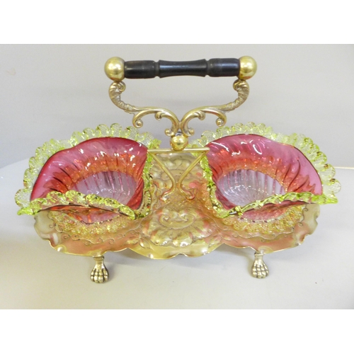 632 - A 19th Century cranberry glass sweetmeat dish on a plated stand