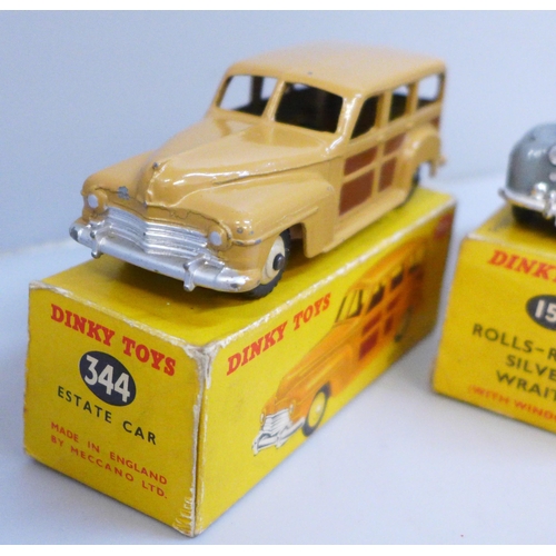 644 - Two Dinky toys die-cast model vehicles, 344 estate car and 150 Rolls Royce Silver Wraith, boxed
