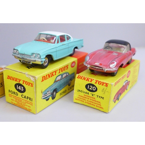 645 - Two Dinky Toys die-cast model vehicles, 143 Ford Capri and 120 Jaguar E Type, boxed and a No 19 Rove... 
