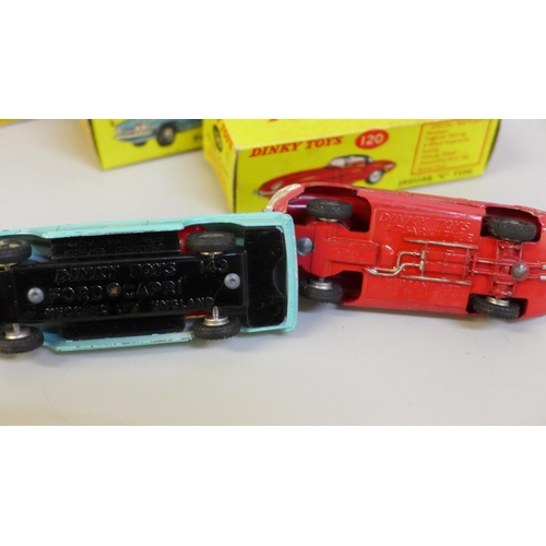 645 - Two Dinky Toys die-cast model vehicles, 143 Ford Capri and 120 Jaguar E Type, boxed and a No 19 Rove... 