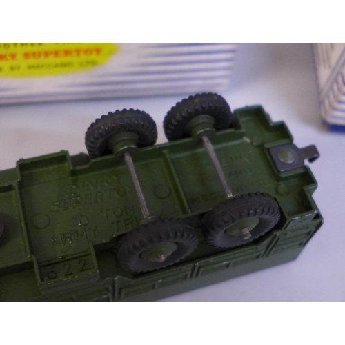 648 - Two Dinky Supertoys die-cast model vehicles, 622 10-ton Army Truck and 660 Tank Transporter, both bo... 