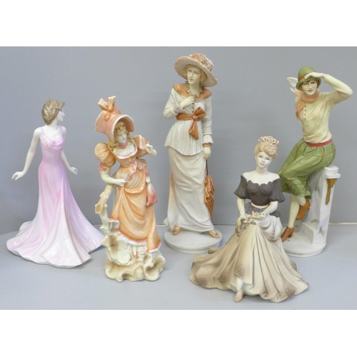 683 - Five figures of ladies; Royal Doulton Lucinda, Vanessa, Becky, a Coalport figure and one other