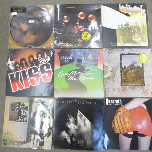 685 - Twelve rock and heavy metal LP records, mainly 1970s, Ozzy Osborne, Deep Purple, Led Zeppelin, etc.