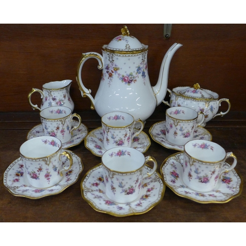 694 - A Royal Crown Derby Royal Antoinette six setting coffee service (4 cups, 4 saucers, cream and sugar ... 