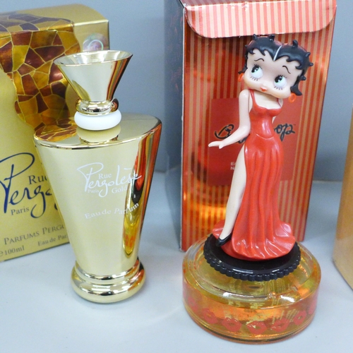 721 - Four perfumes, Jennifer Lopez Deseo, Adore, Betty Boop Princess and Rue Pergolese Gold